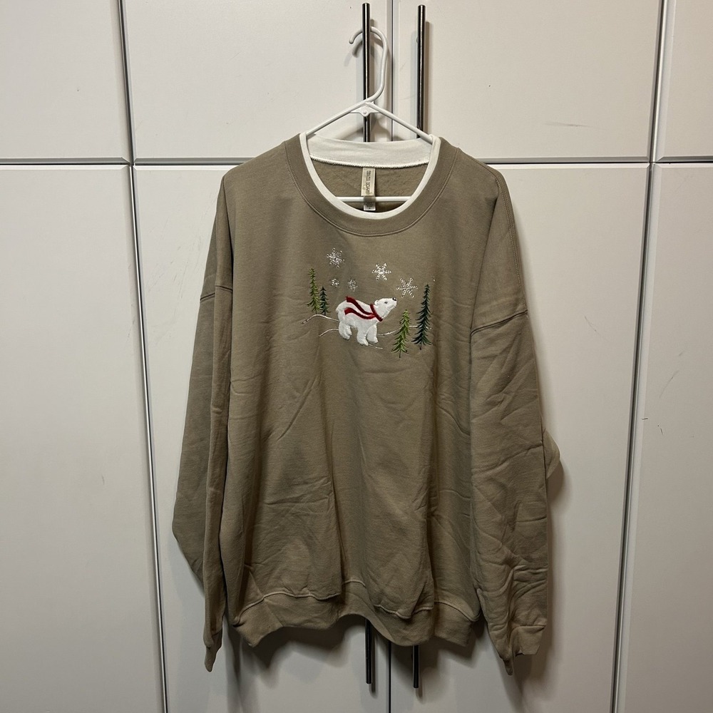 Endless Designs Polar Bear Embroidered Sweatshirt Tan Khaki 3X RN109224